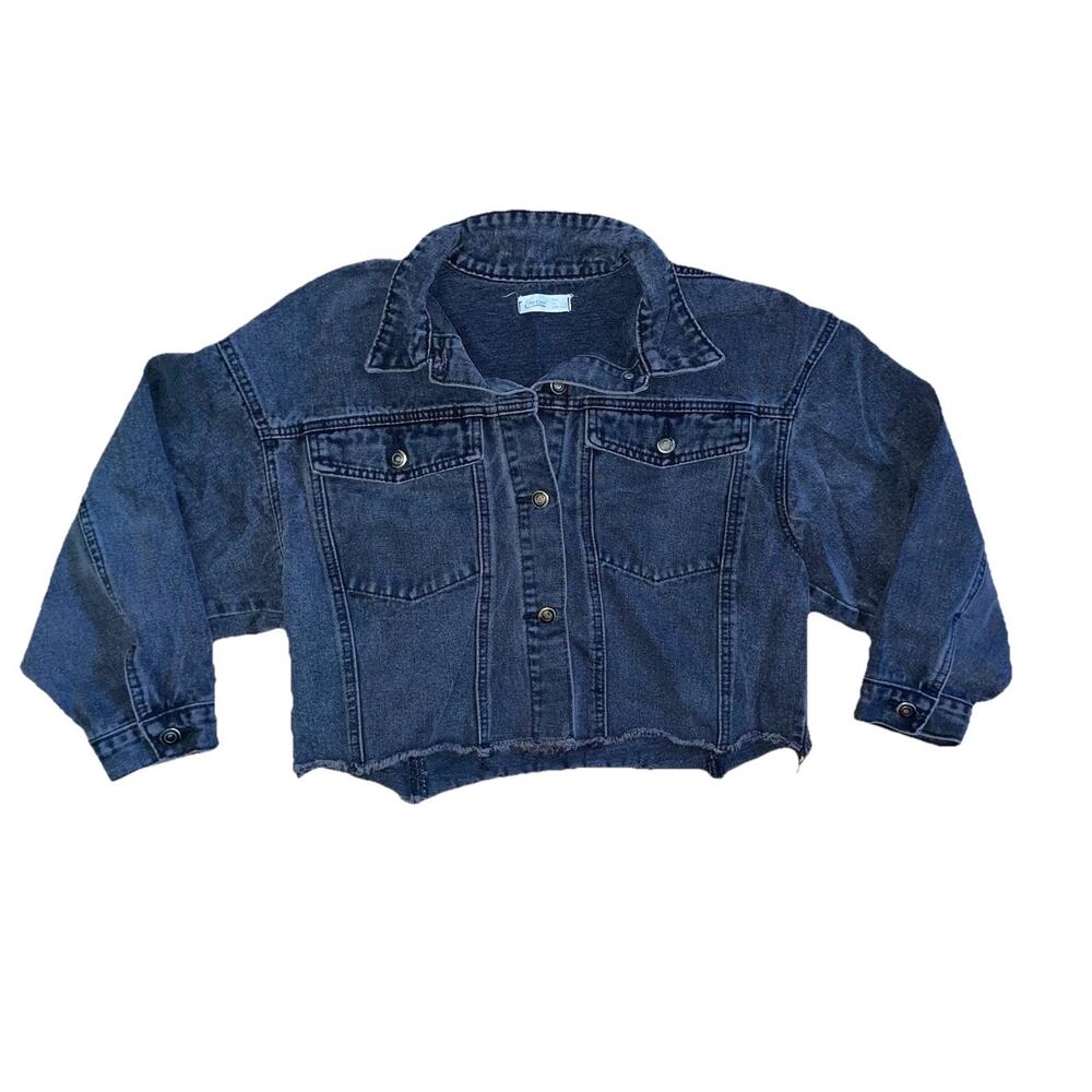 Lia Cher Women's Black Cropped Denim Jacket Raw Hem Collared Pockets L 12-14